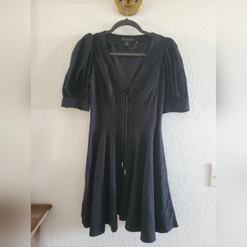 House Of Harlow 1960 Puff Sleeve Black Linen blend Dress Size 0 NWOT